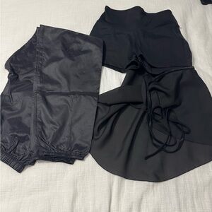 Black Ballet Essentials - wrap skirt, shorts & trash bag warm up pants